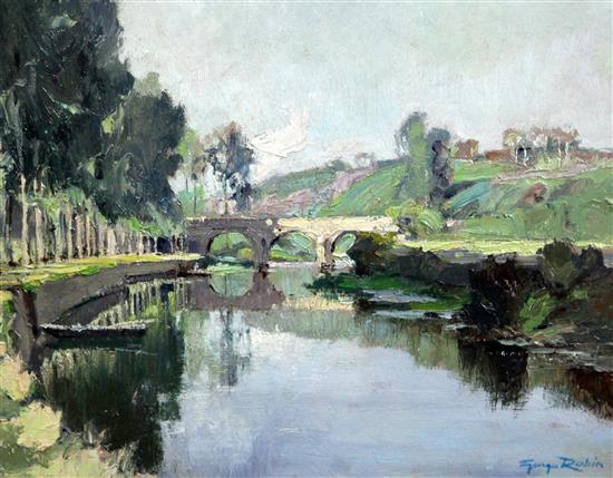 § Georges Charles Robin (French, 1903–2003) Bridge in a river landscape, 10.25 x 13.25in.